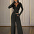 Women's Solid Color Fall&Winter Pants Set - Sexy V-Neck Button-Up Fitted Long Sleeve T-Shirt & High-Waist Flared Wide-Leg Stretchy Pants