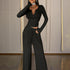 Women's Solid Color Fall&Winter Pants Set - Sexy V-Neck Button-Up Fitted Long Sleeve T-Shirt & High-Waist Flared Wide-Leg Stretchy Pants