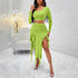 Women's Long Sleeve Round Neck Pleated Dress Suit - Solid Color Elegant Ruffle Outfit
