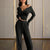 Women's Solid Color Fall&Winter Pants Set - Sexy V-Neck Button-Up Fitted Long Sleeve T-Shirt & High-Waist Flared Wide-Leg Stretchy Pants