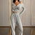 Women's Solid Color Fall&Winter Pants Set - Sexy V-Neck Button-Up Fitted Long Sleeve T-Shirt & High-Waist Flared Wide-Leg Stretchy Pants